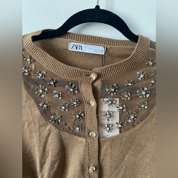 NEW with tags Zara cardigan tan brown button up rhinestone diamond floral - Picture 4 of 7
